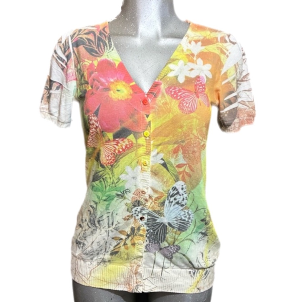 Y2K Fairycore V-Neck Knit Sweater Top Floral Butterfly Button Up Whimsy Sz Small
